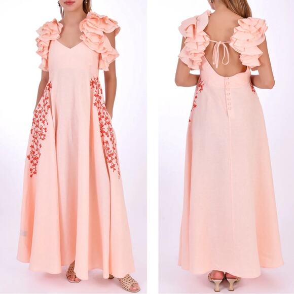 Fanm Mon Essen Ruffle Sleeve Floral Embroidered Linen Peach Pink Maxi Dress Sz L - Picture 1 of 11